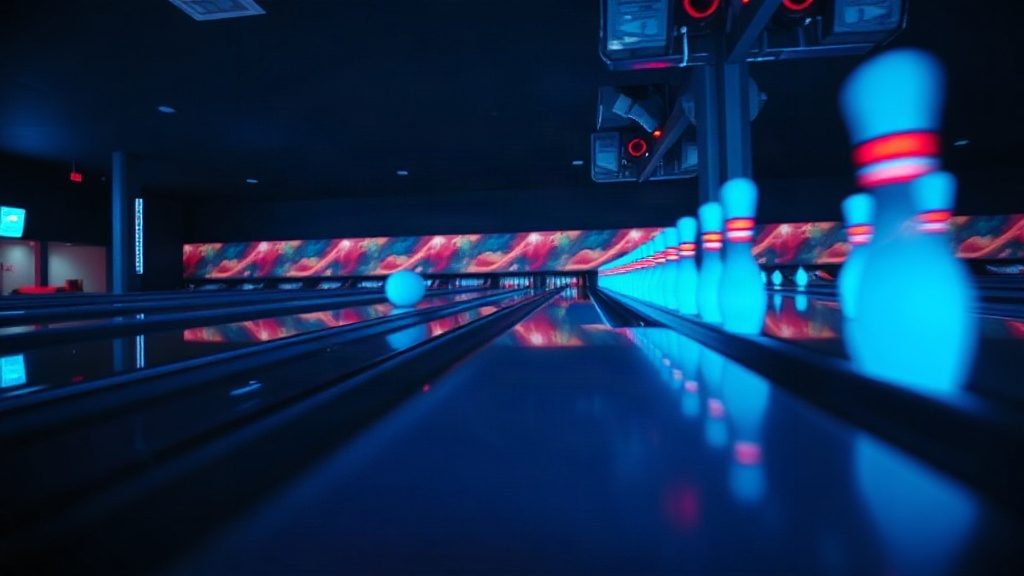 Neon bowling lane with glowing pins